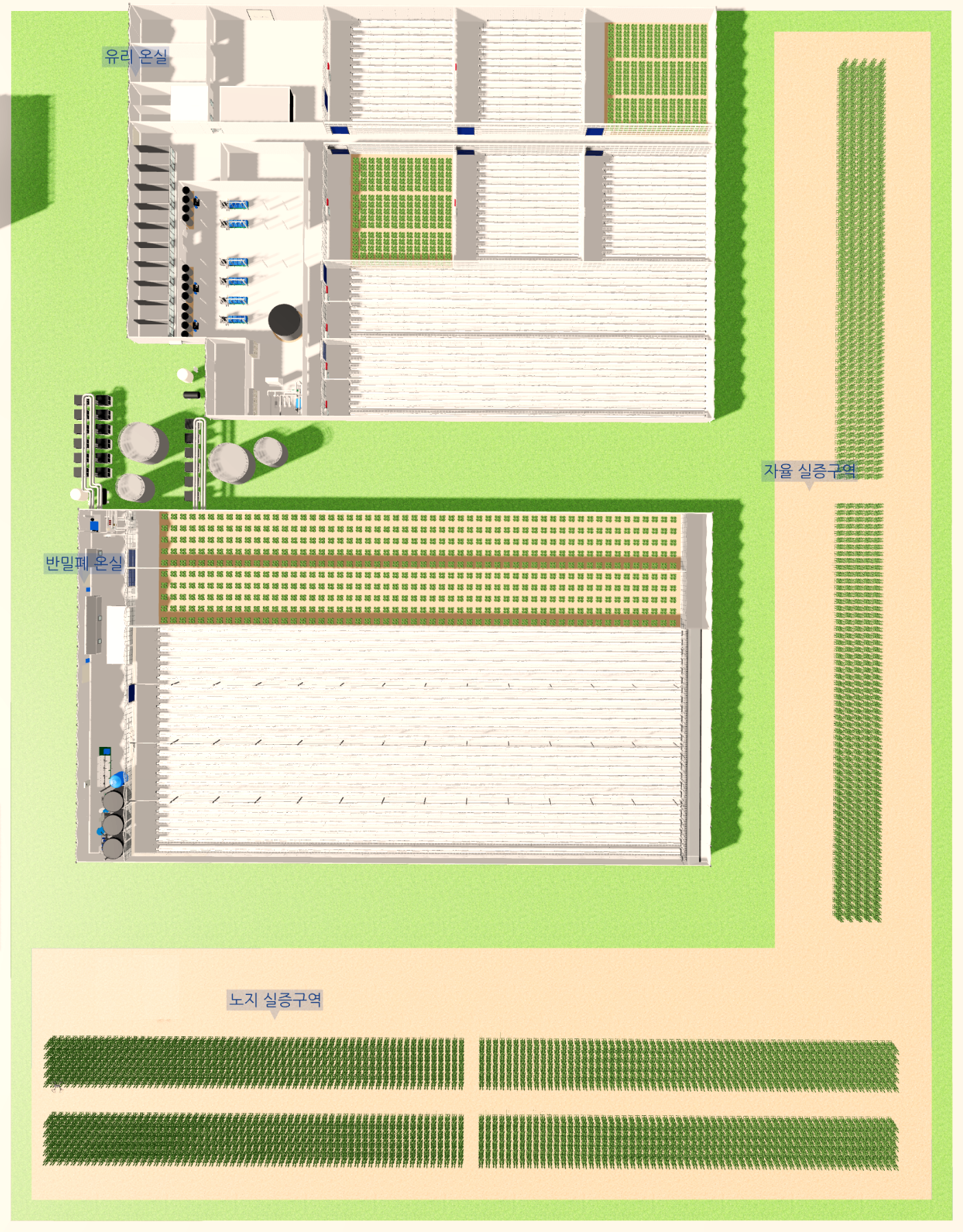 3D모델링으로 표현한 실증단지 모습. 상단 죄측에 유리 온실, 반밀폐 온실이 세로로 배치. 우측 상단에 자율 실증구역. 하단에 노지 실증구역.