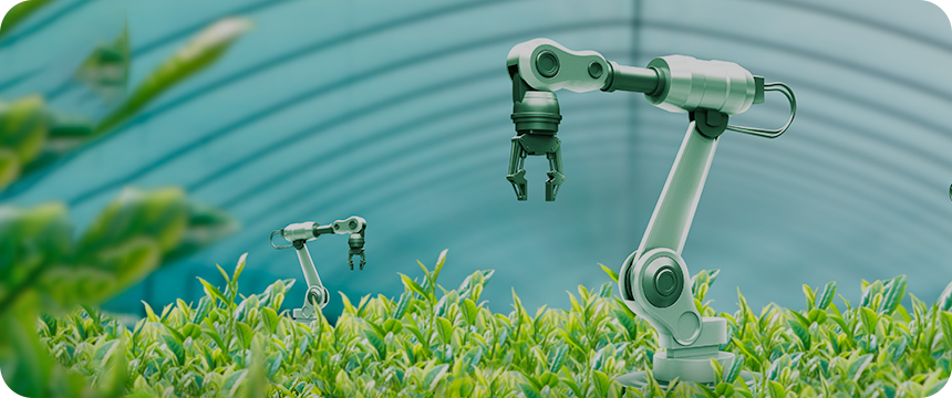 실내 재배 환경에서 작물을 관리하는 두 로봇 팔이 녹색 식물이 우거진 배경 위로 돌출되어 있는 모습